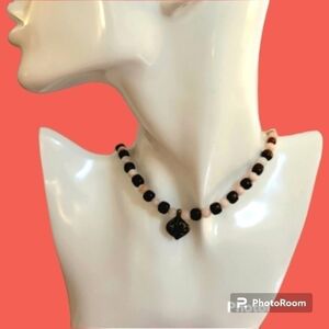 Handmade Rosewood Strawberry Quartz Beaded Floral Pendant Choker Necklace